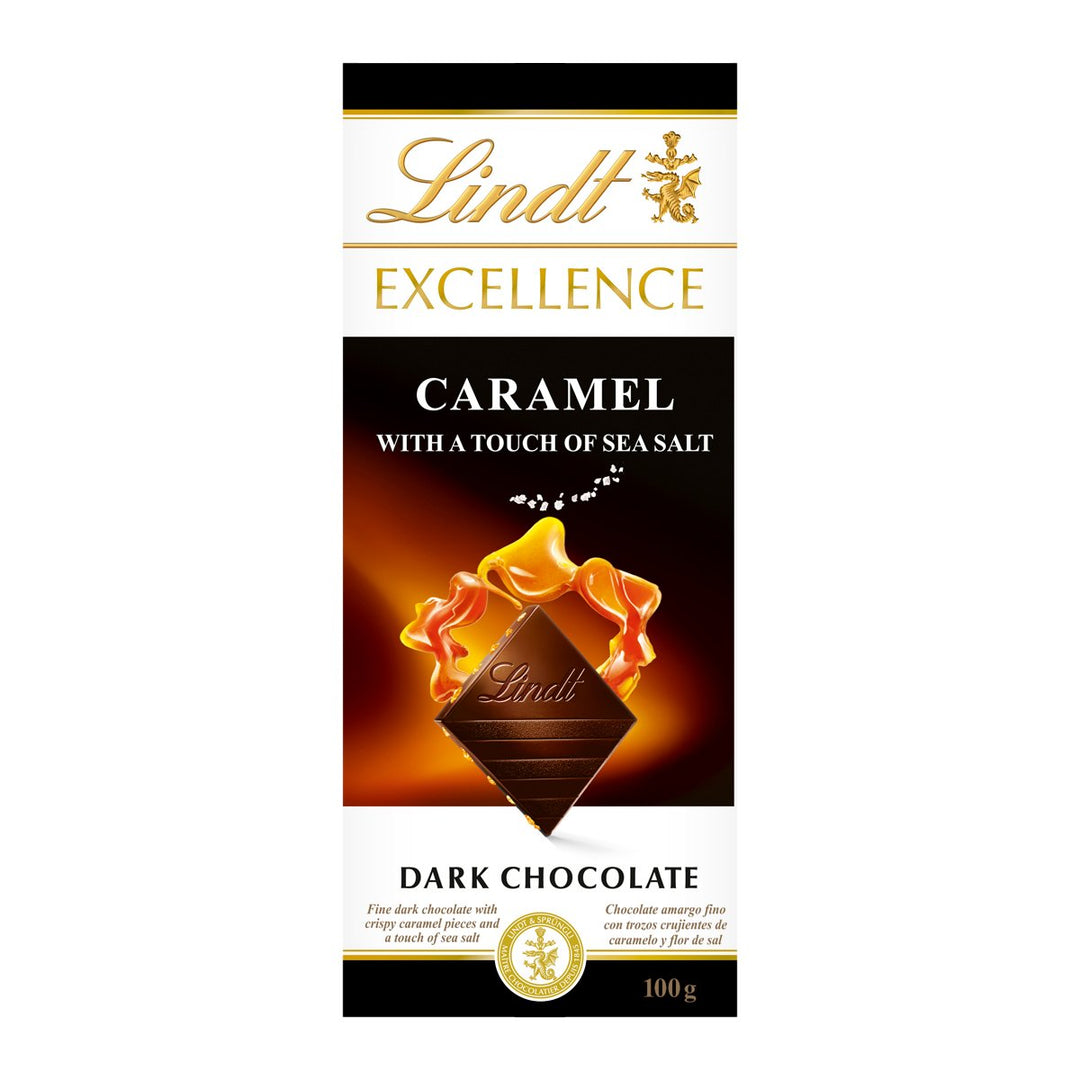 LINDT Excellence 黑巧克力焦糖加海鹽 100 公克。