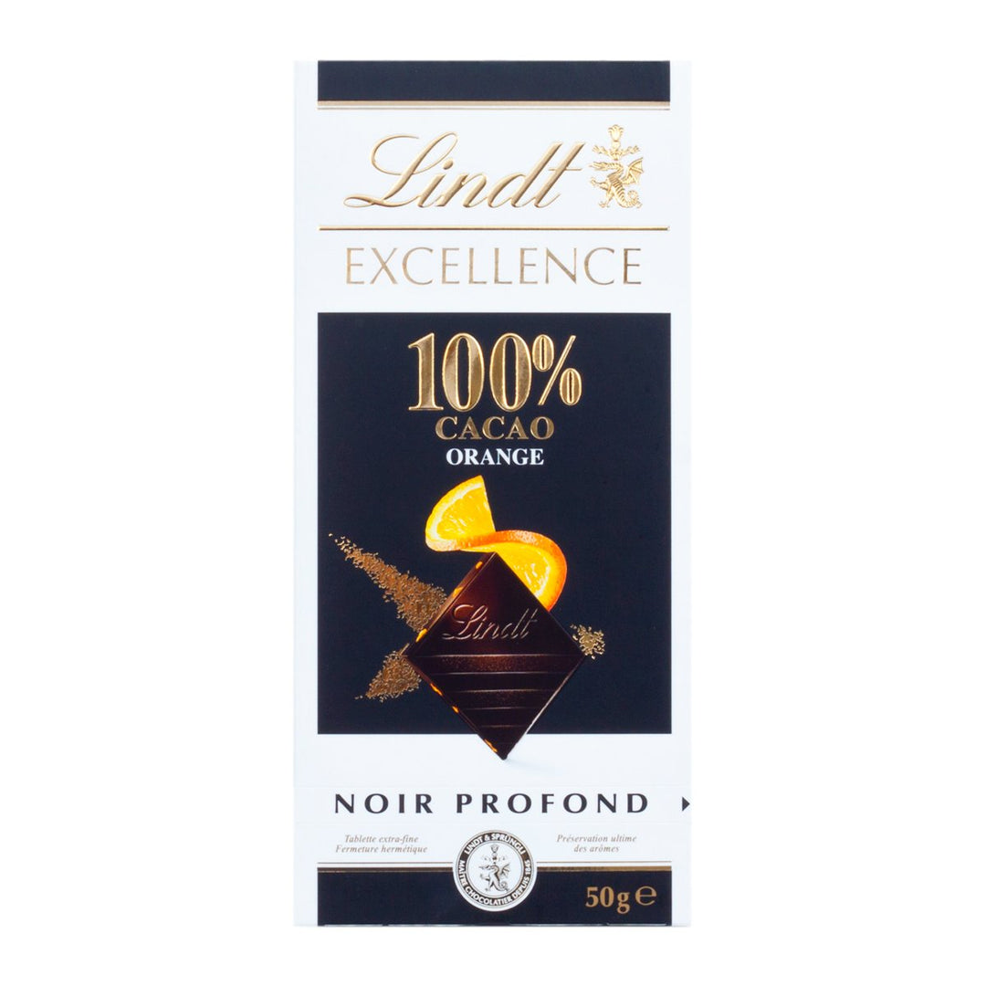 LINDT Excellence 100% 可可橙黑巧克力棒 50 公克。