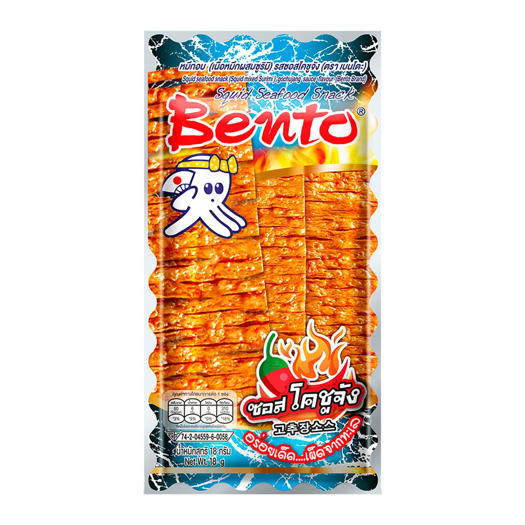 BENTO 魷魚海鮮點心(魷魚混合魚糜)辣椒醬口味 18 克。