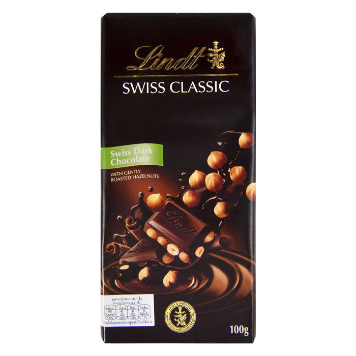 LINDT 巧克力 瑞士黑巧克力佐輕烤榛果 100 公克。