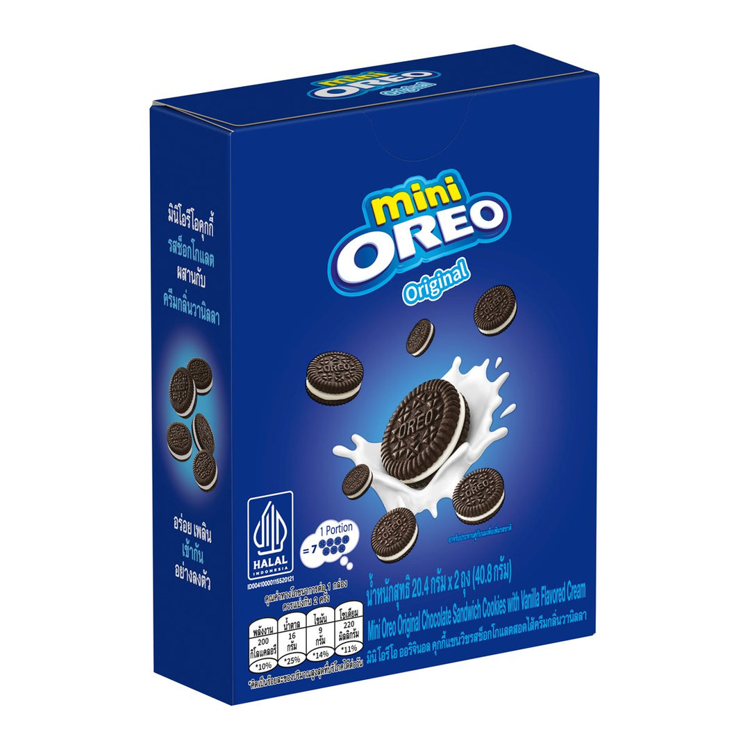 OREO 迷你巧克力夾心餅乾配香草味奶油 40.8 克。