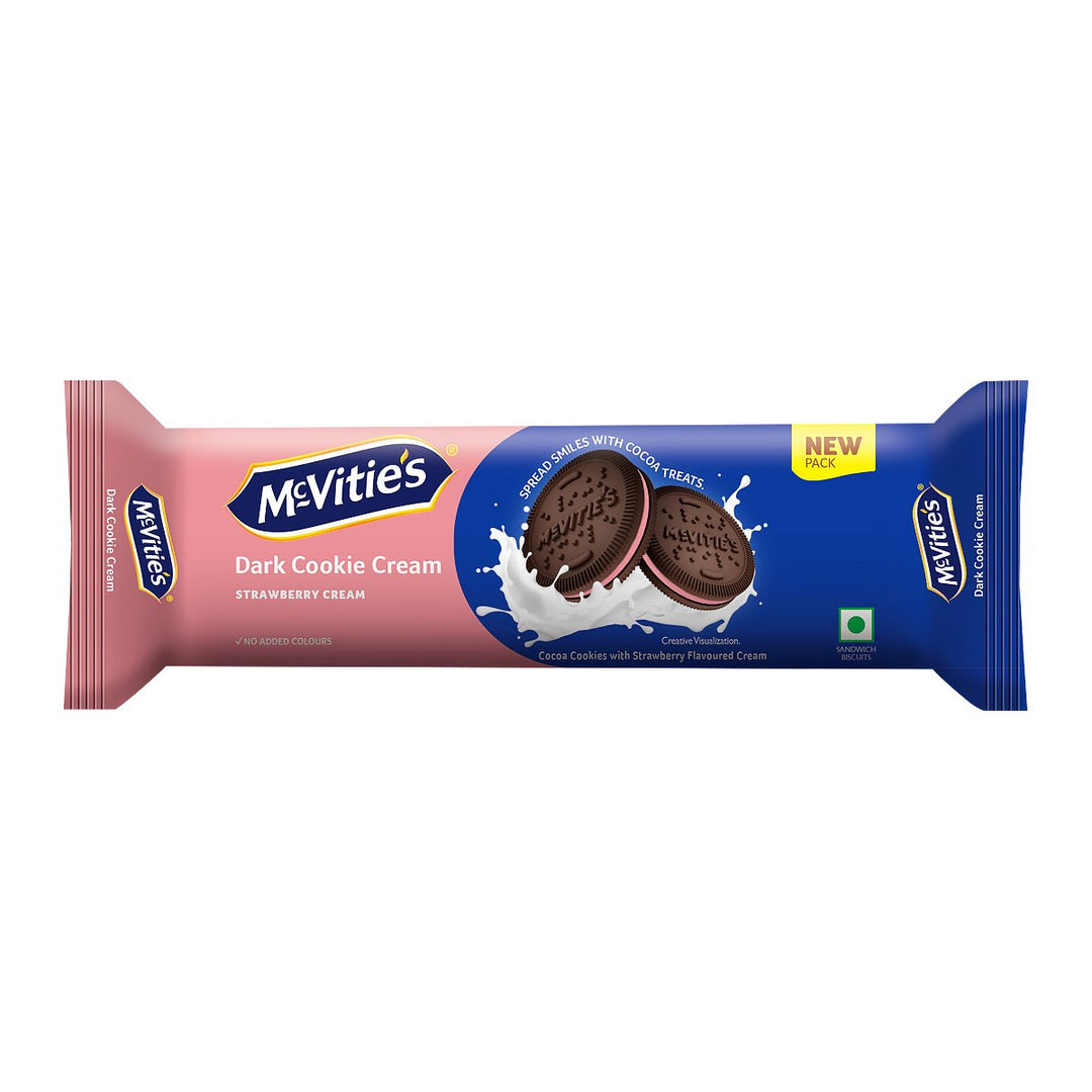 MCVITIE'S 深色餅乾奶油可可餅乾配草莓口味奶油 120 克。