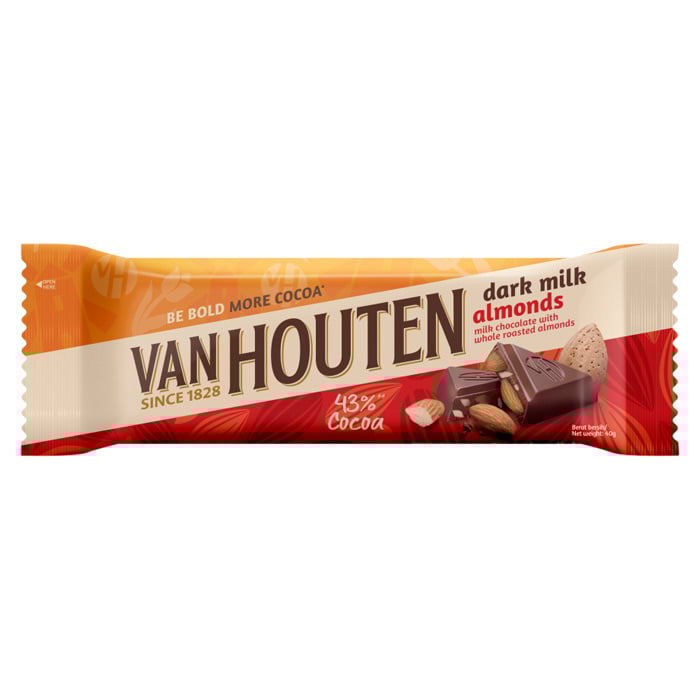 VAN HOUTEN 黑牛奶巧克力棒配上整顆烤杏仁 40 克。