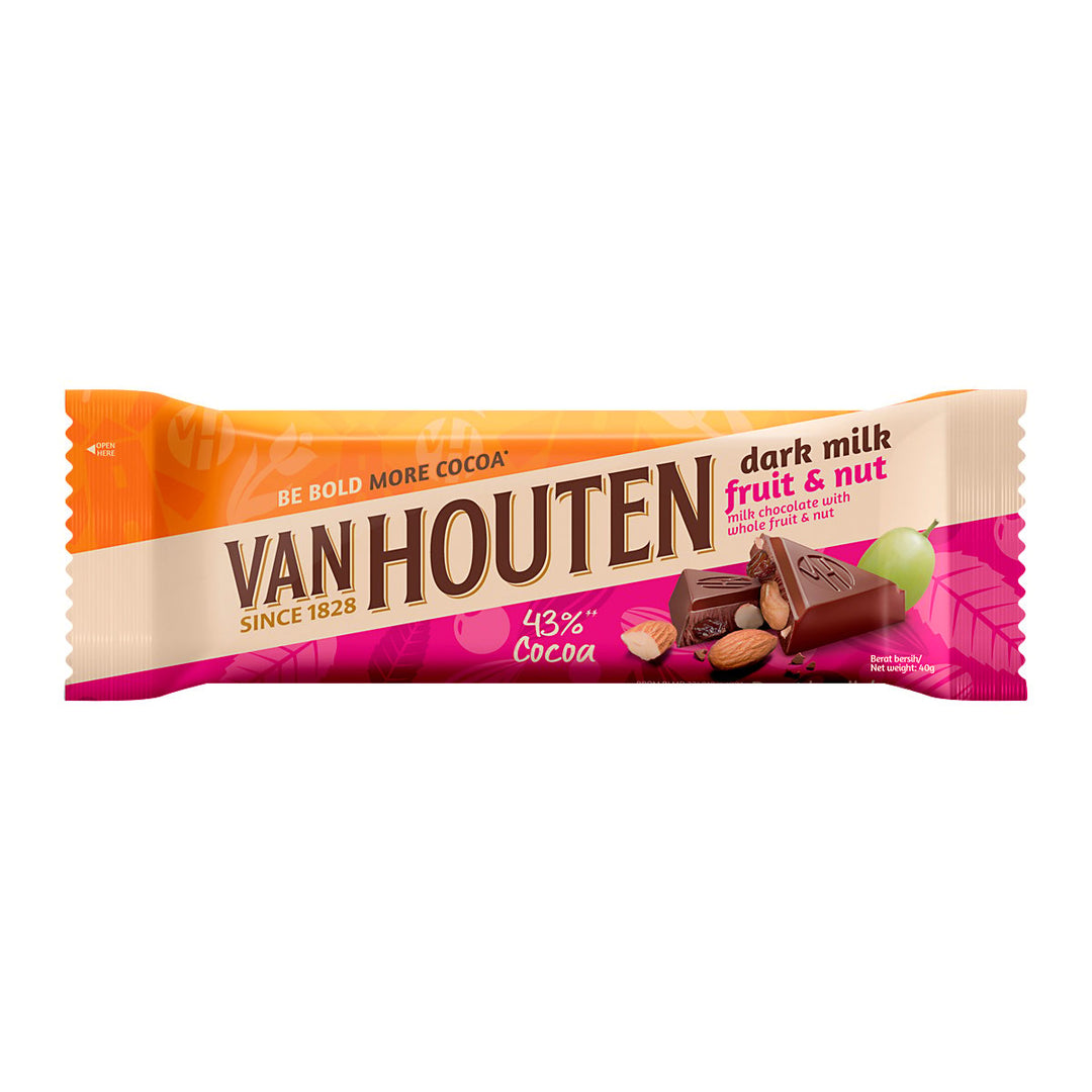 VAN HOUTEN 黑牛奶水果和堅果牛奶巧克力,含全果和堅果 43% 可可巧克力 40 克。