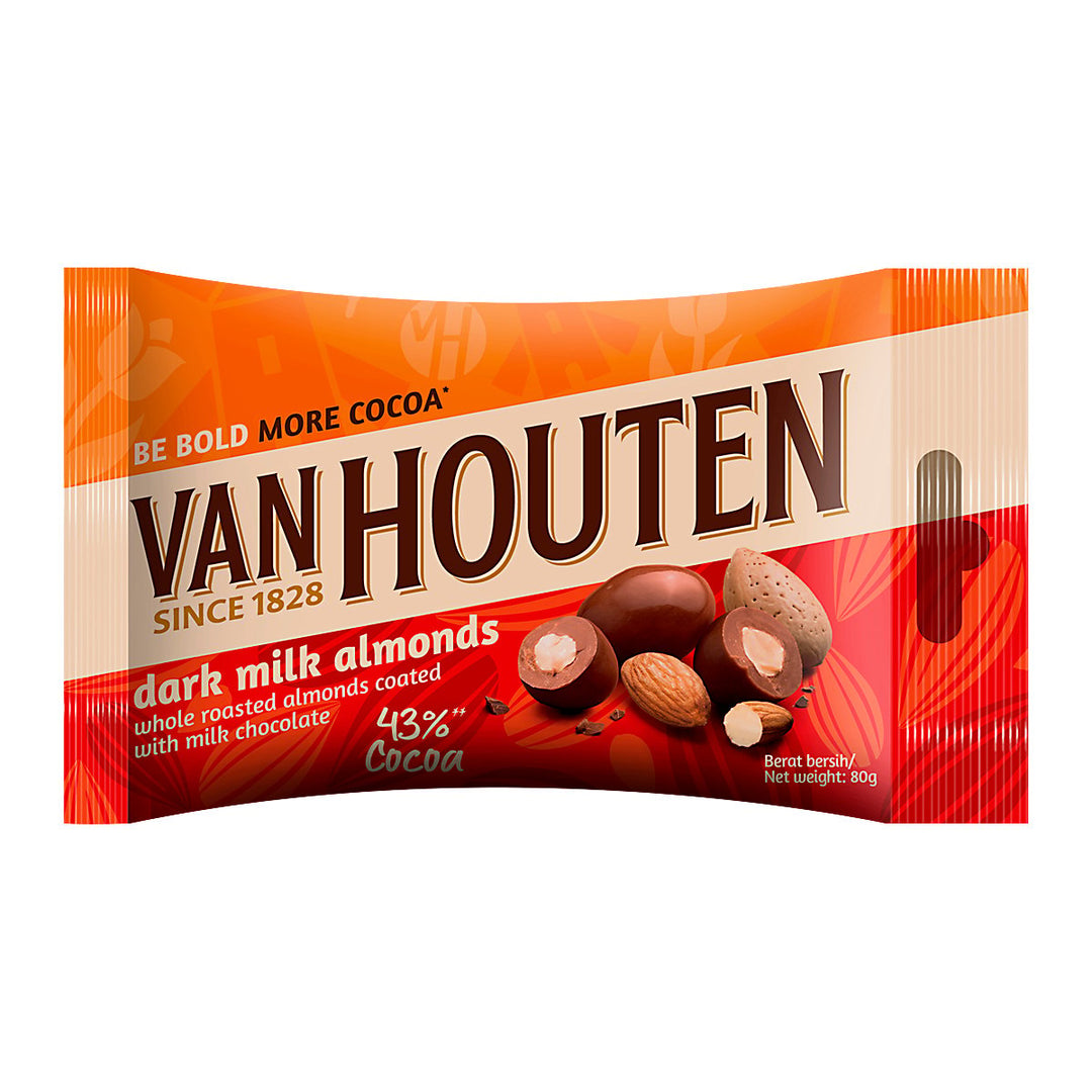 VAN HOUTEN 黑牛奶杏仁 整個烤杏仁塗有牛奶巧克力 43% 可可巧克力 80 克。