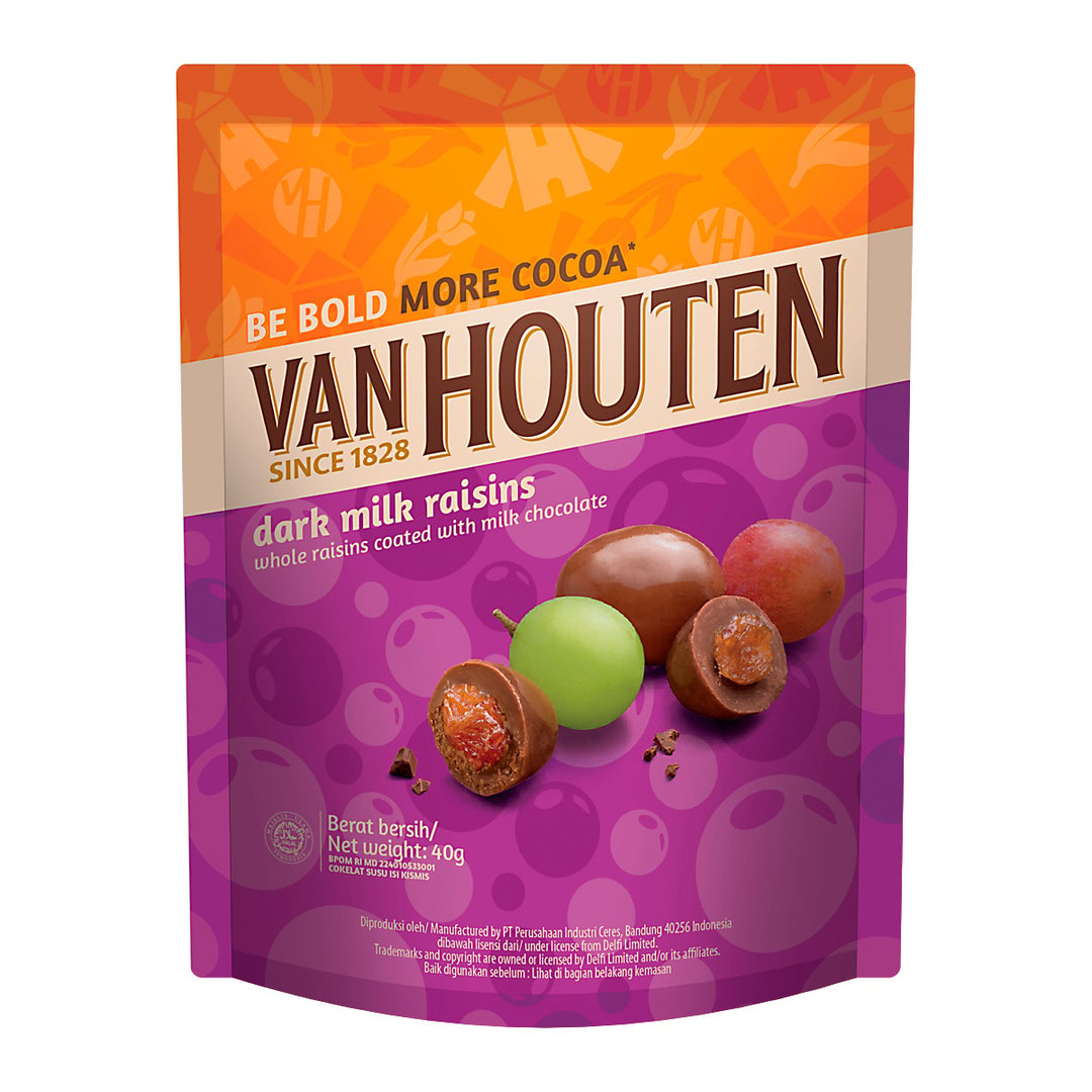VAN HOUTEN 黑牛奶葡萄乾 整顆葡萄乾塗上牛奶巧克力 40 克。