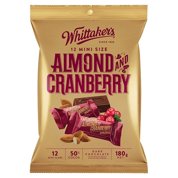 WHITTAKER'S 杏仁蔓越莓黑巧克力迷你塊 180 克。 12 件。