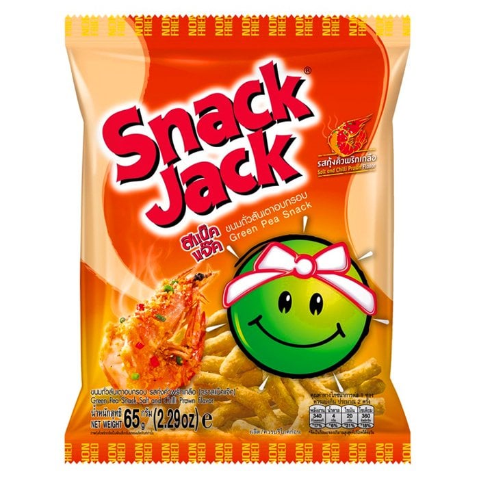 SNACK JACK 青豌豆零食鹽辣椒蝦口味 65 克。