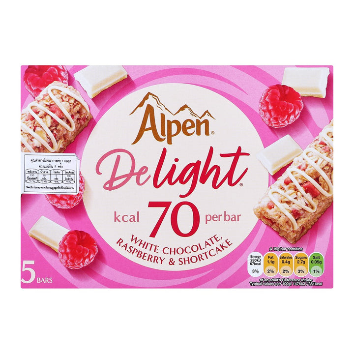 ALPEN Delight 白巧克力、覆盆子和酥餅 120 克。