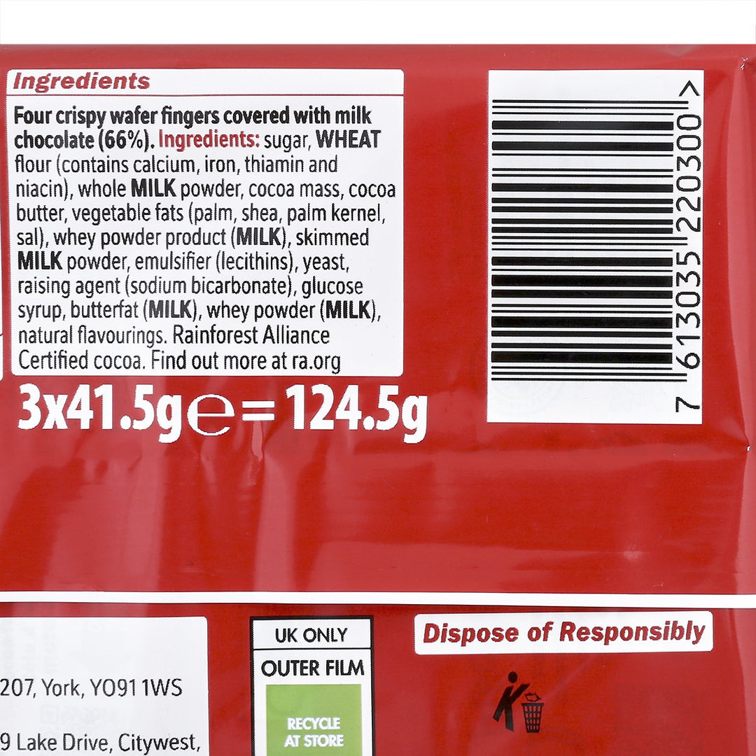 KIT KAT 牛奶巧克力威化手指餅乾 124.5 克。